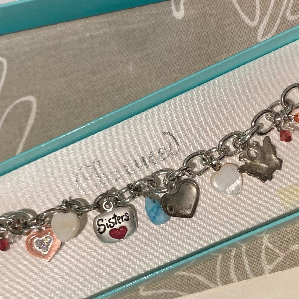 Silver Charm Bracelet with Heart and Sister Charms NIB